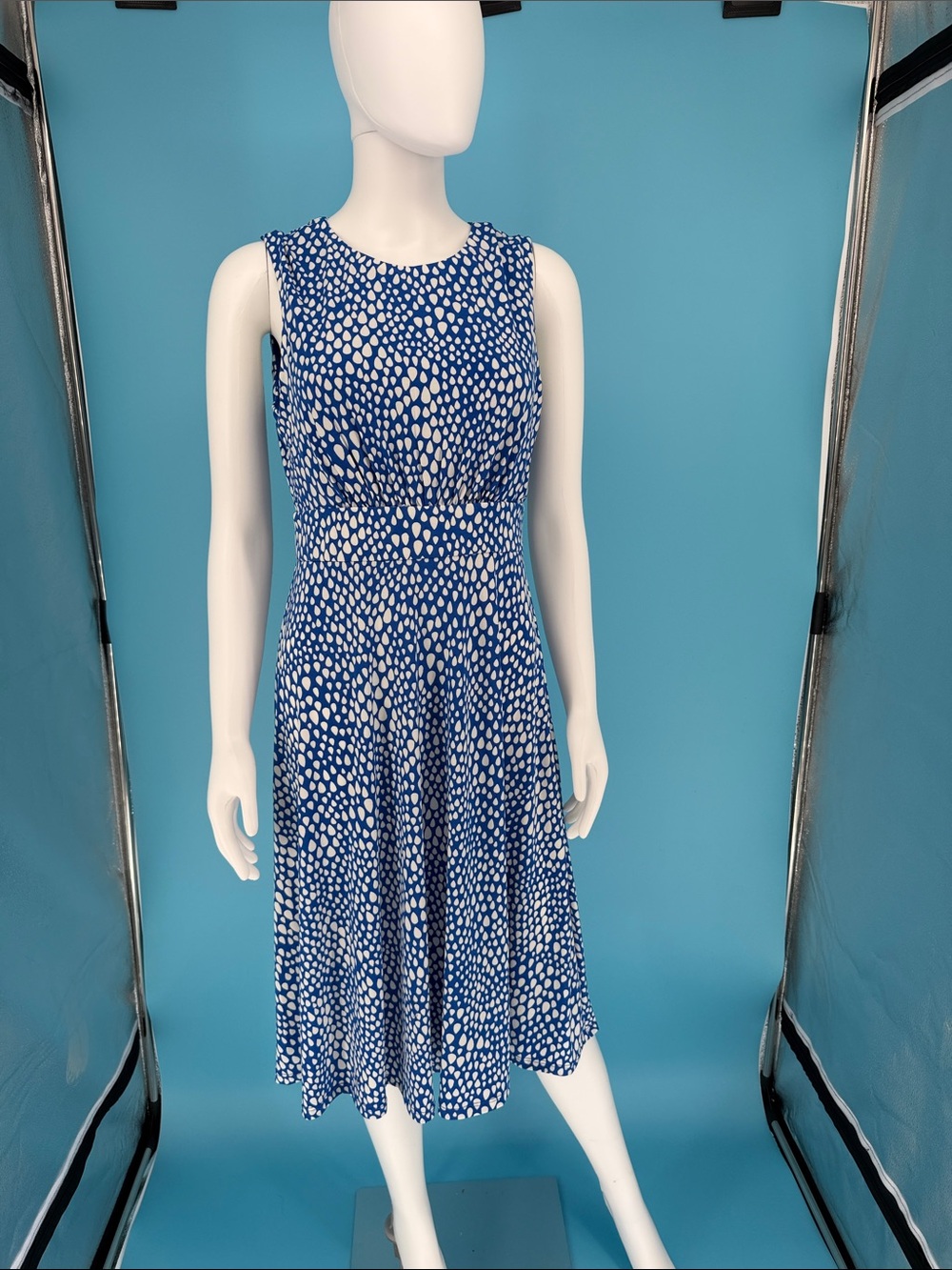 NWT London Times Petite Blue White Fit & Flare Midi Dress 8P